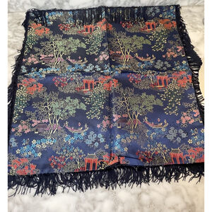 NOS Set of 2 Asian Blue Brocade Pillow Covers Fringe Trim 16.5x16.5 Pagoda